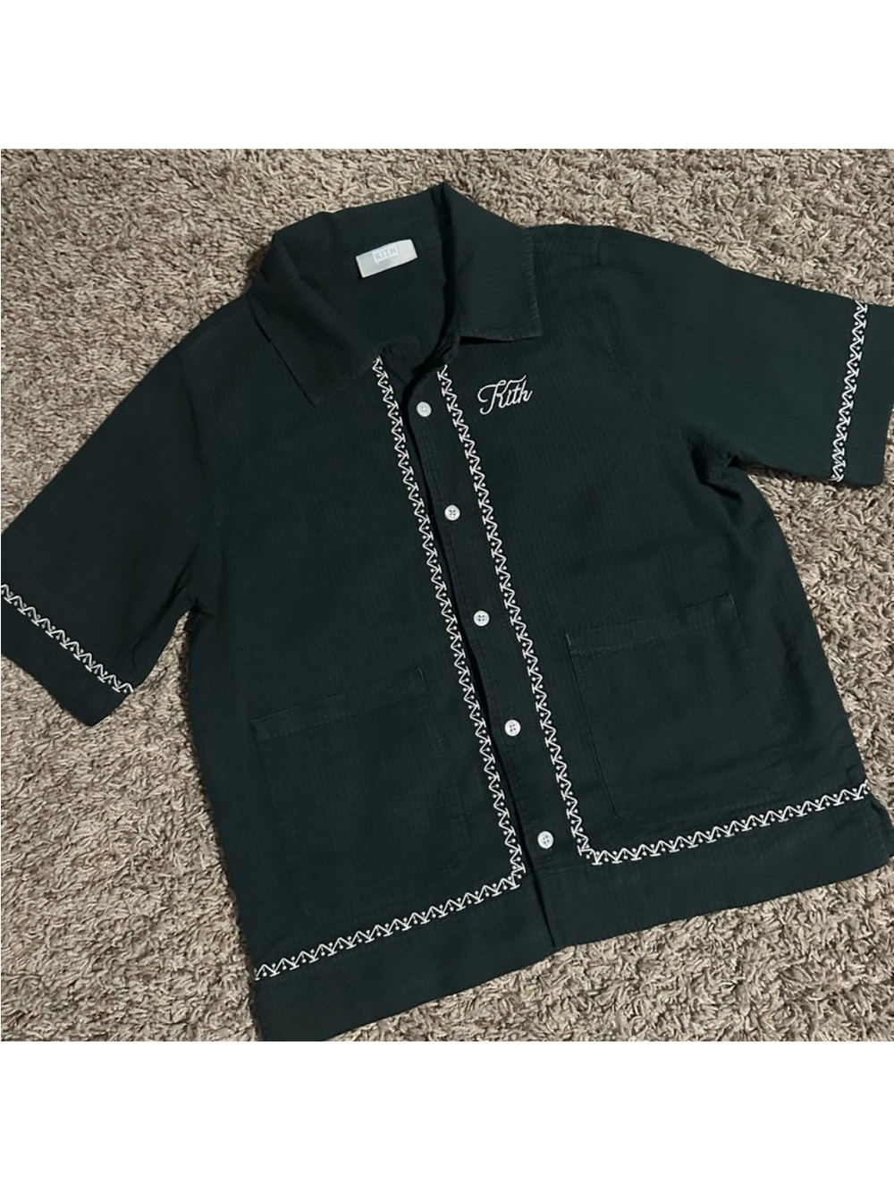 Kith Dark Green Short Sleeve Button-Up Shirt with White Embroidery